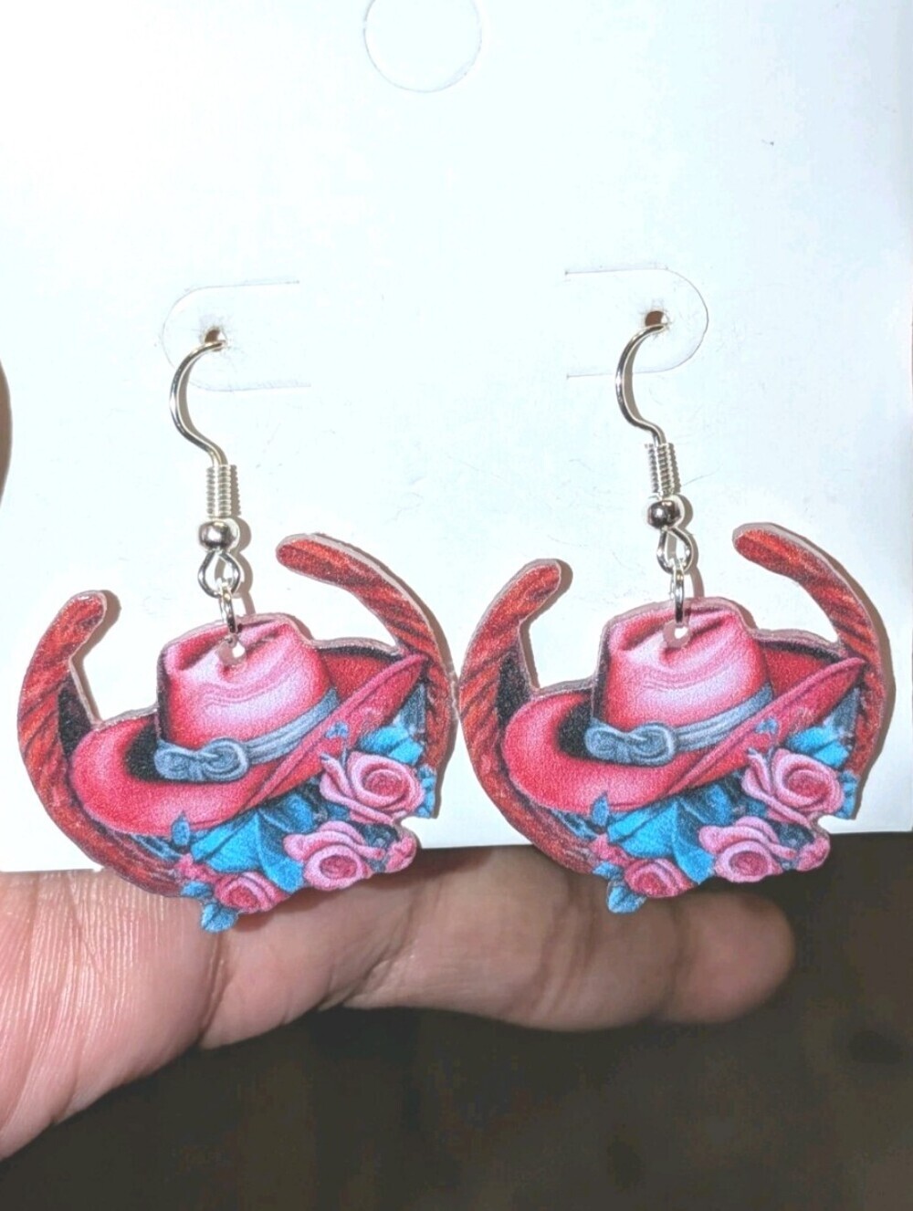 Hand Crafted Festive Pink Cowboy Hat Earrings with Rose Accent - Women Jewelry